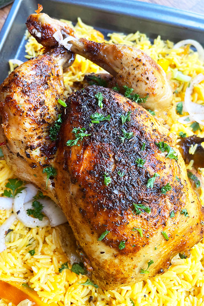 Instant Pot Whole Chicken on a Tray with Rice