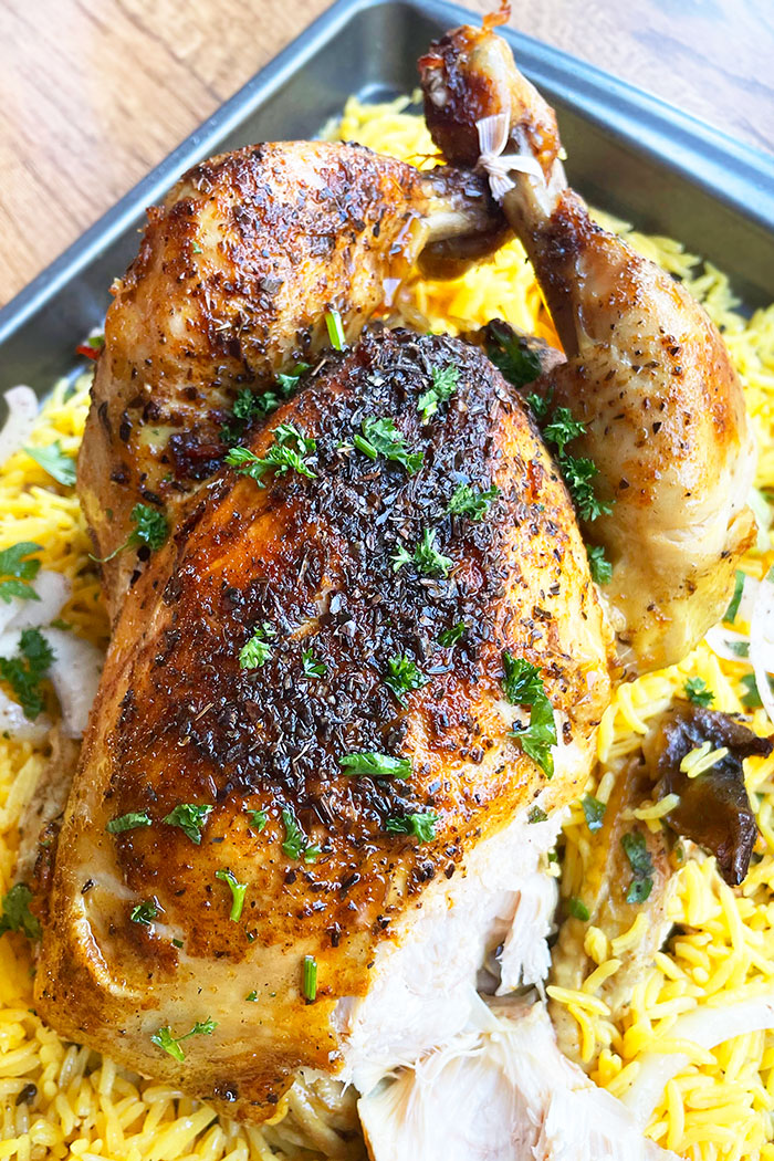 Instant Pot Roast Chicken on Tray With Rice 