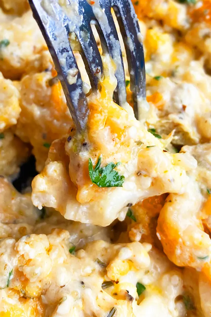 Fork Full of Cauliflower Cheese- Closeup Shot 