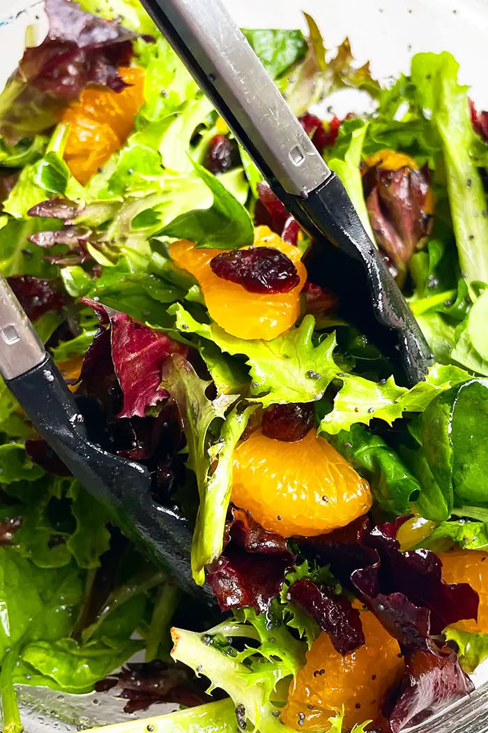 Closeup Shot of Tongs Full of Mandarin Salad 