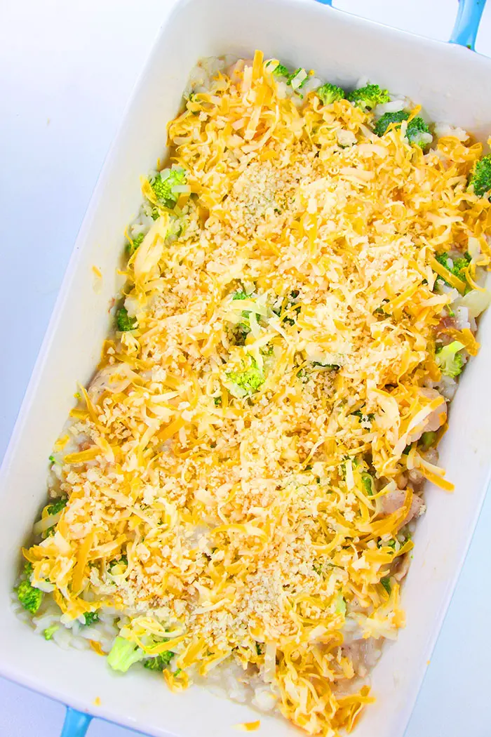 Unbaked Chicken and Broccoli Bake in White Casserole Dish- Overhead Shot