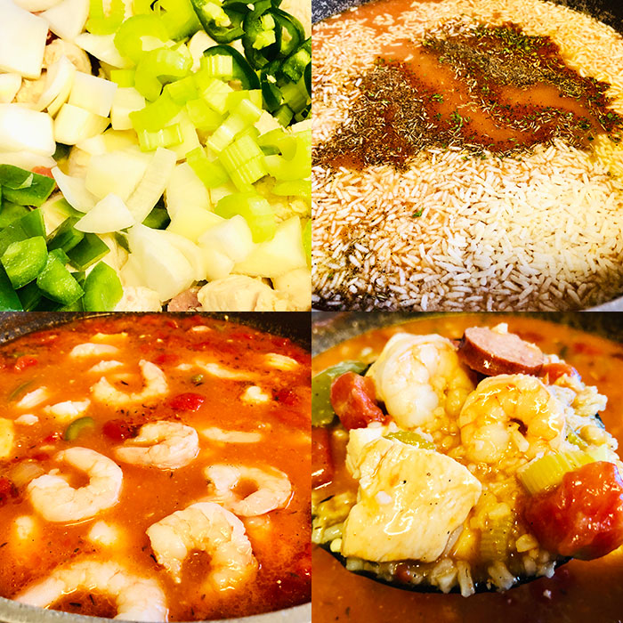 Collage Image With Step by Step Pictures on How to Make Instant Pot Jambalaya