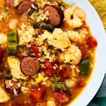 Easy Homemade Cajun Instant Pot Jambalaya Served in White Bowl