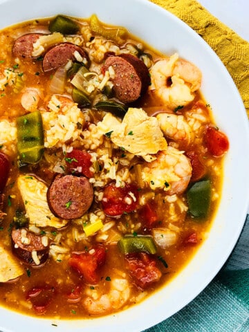 Easy Homemade Cajun Instant Pot Jambalaya Served in White Bowl