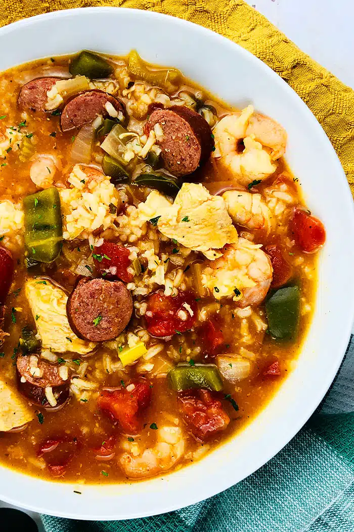 Easy Homemade Creole Jambalaya Served in White Bowl