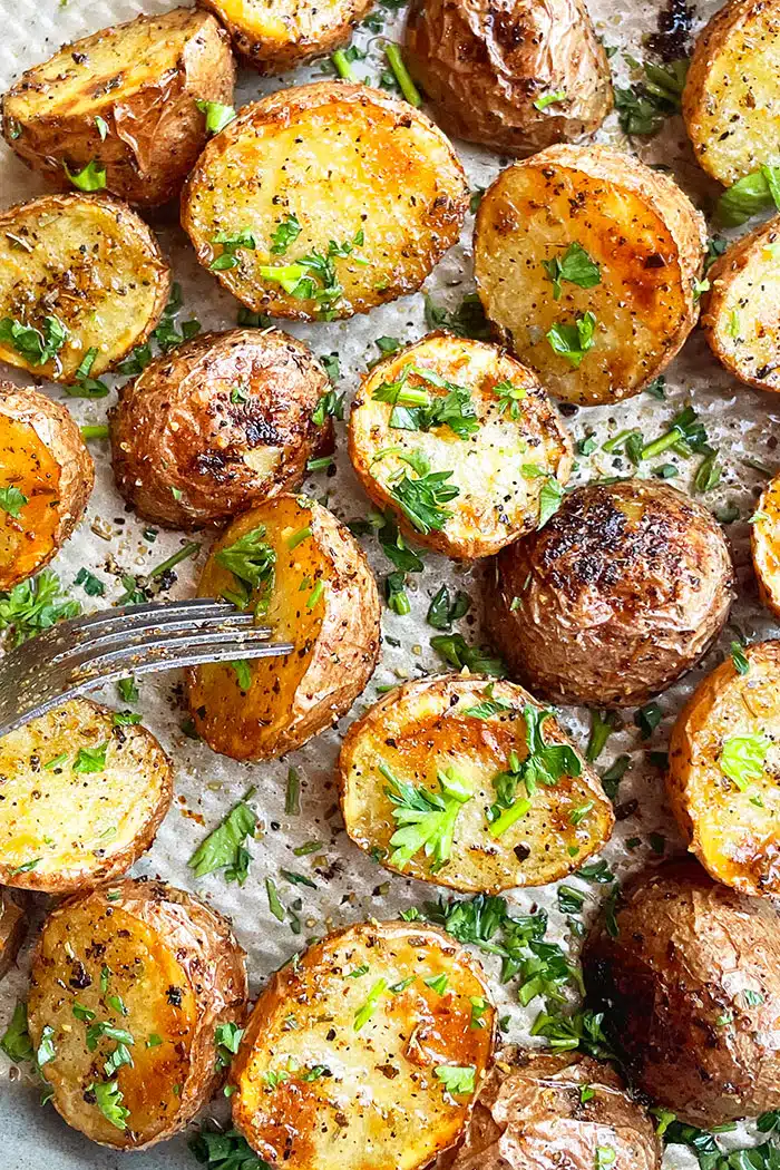 Roasted Mini Potatoes (Small Potatoes) in Baking Tray- Overhead Shot