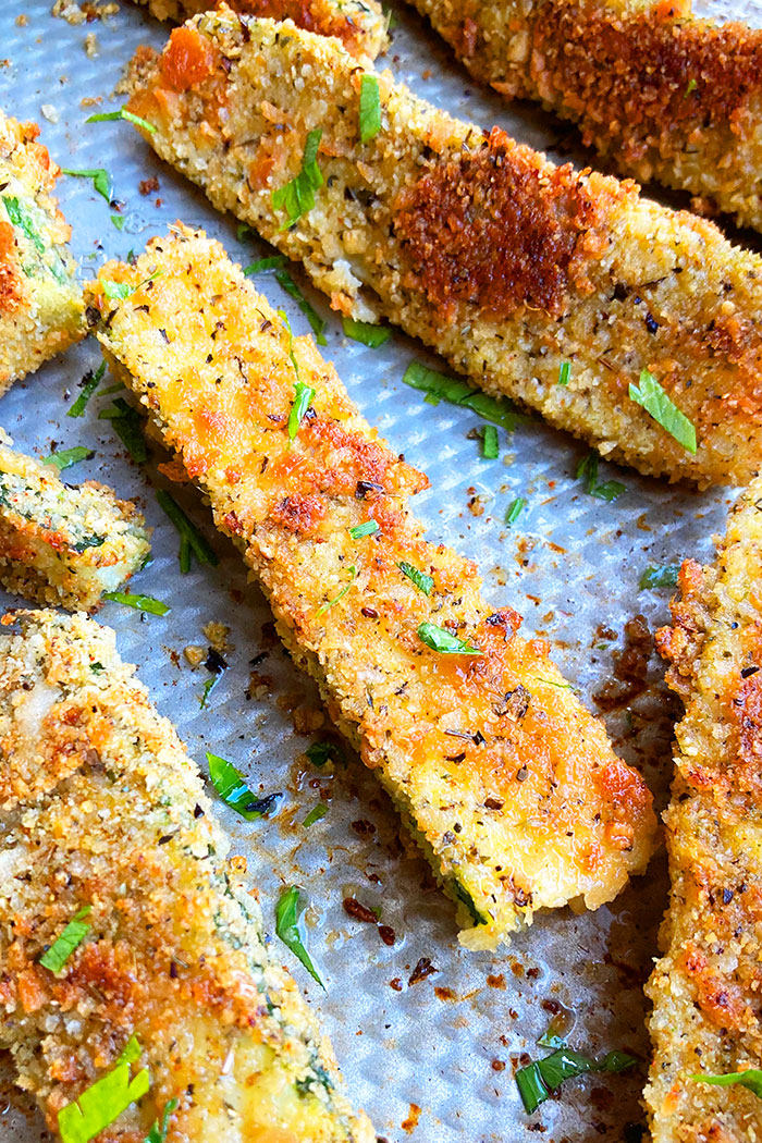 Crispy Courgette Fries on Baking Tray- Closeup Shot 