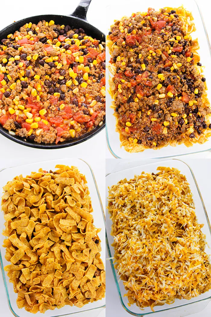 Collage Image With Step by Step Pictures on How to Make Frito Pie