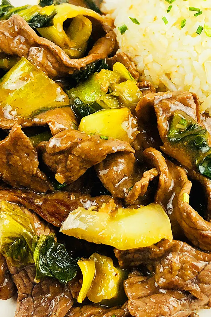 Closeup Shot of Sesame Beef Stir Fry With Bok Choy