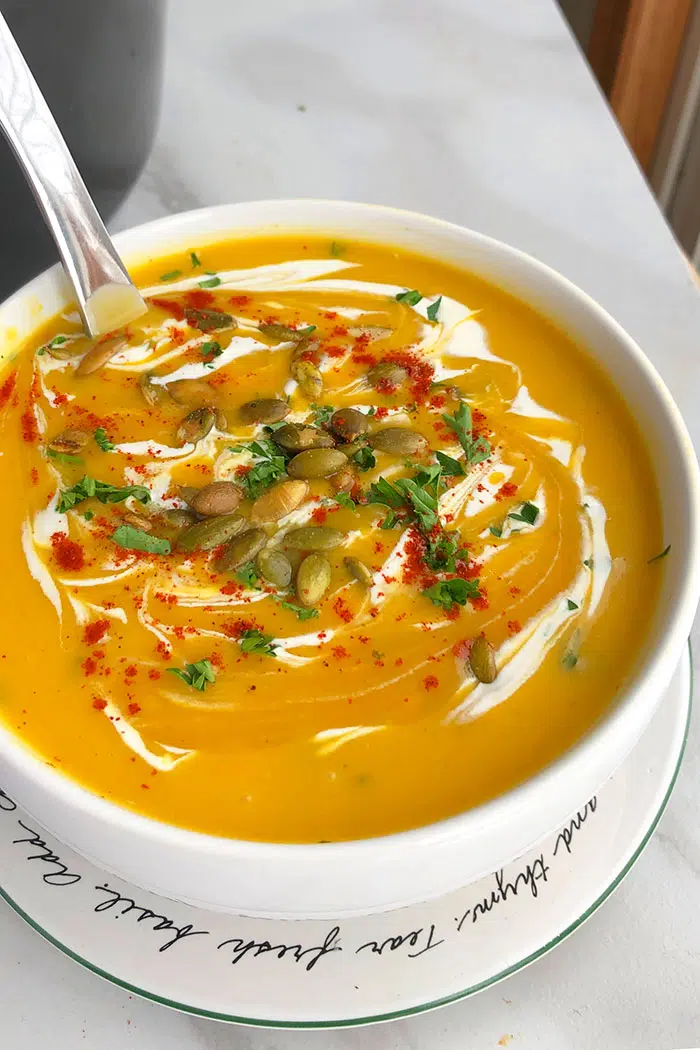 Easy Creamy Butternut Pumpkin Soup in White Bowl