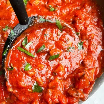 Easy Instant Pot Vegetarian Mushroom Bolognese in Black Dish With White Background