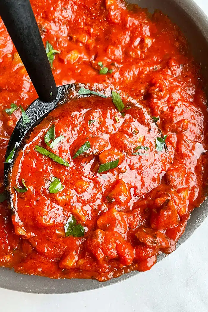 Instant Pot Mushroom Bolognese in Black Dish With White Background