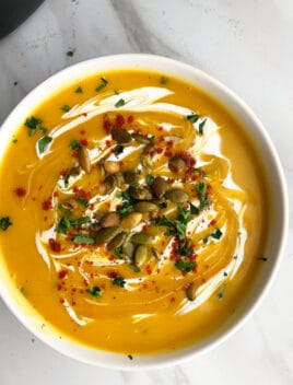 Instant Pot Pumpkin Soup Served in White Bowl