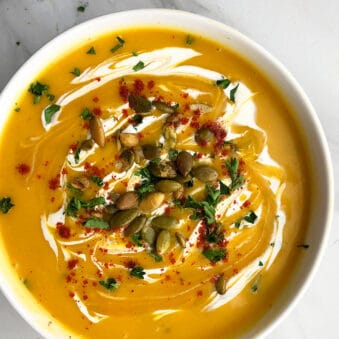Instant Pot Pumpkin Soup Served in White Bowl