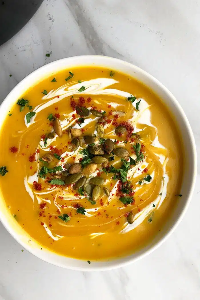 Instant Pot Pumpkin Soup Served in White Bowl- Overhead Shot