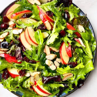 Easy Fall Apple Salad With Maple Cider Vinaigrette in Black Dish- Overhead Shot