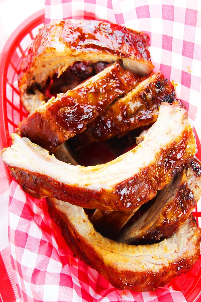 Easy Instant Pot BBQ Ribs Served in Red Dish