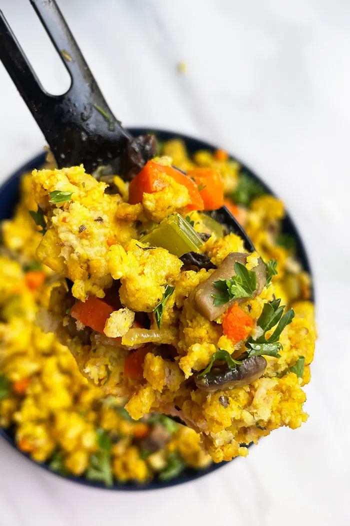 Closeup Shot of Spoonful of Homemade Vegetarian Cornbread Dressing