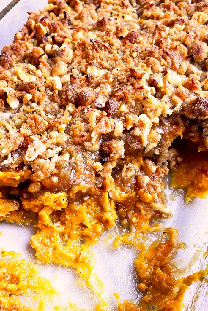 Fluffy Sweet Potato Souffle With Crumbled Butter Pecan Topping- Spoonfuls Removed