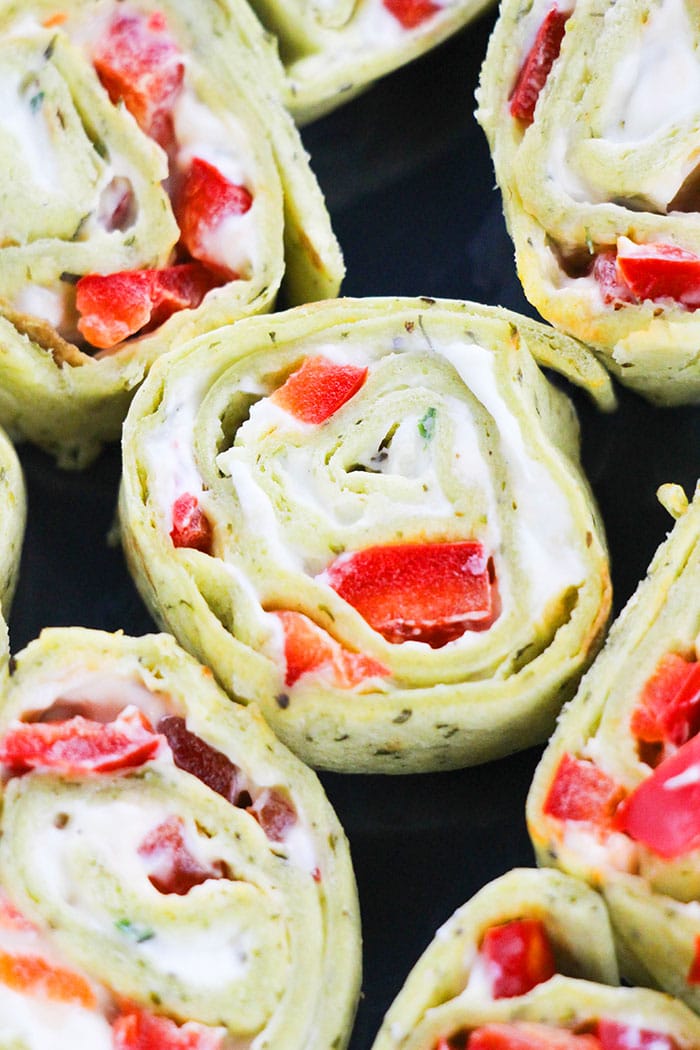 Closeup Shot of Pinwheel Sandwiches With Cream Cheese and Peppers