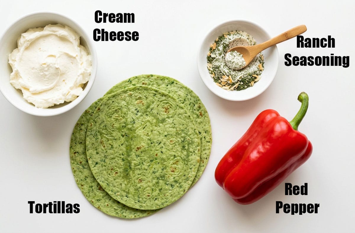 Ingredients for recipe on white background- tortillas, cream cheese, seasoning, red pepper. 