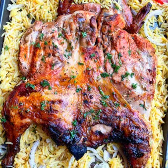 Juicy Easy Oven Baked Spatchcock Chicken on a Large Tray With Rice- Overhead Shot