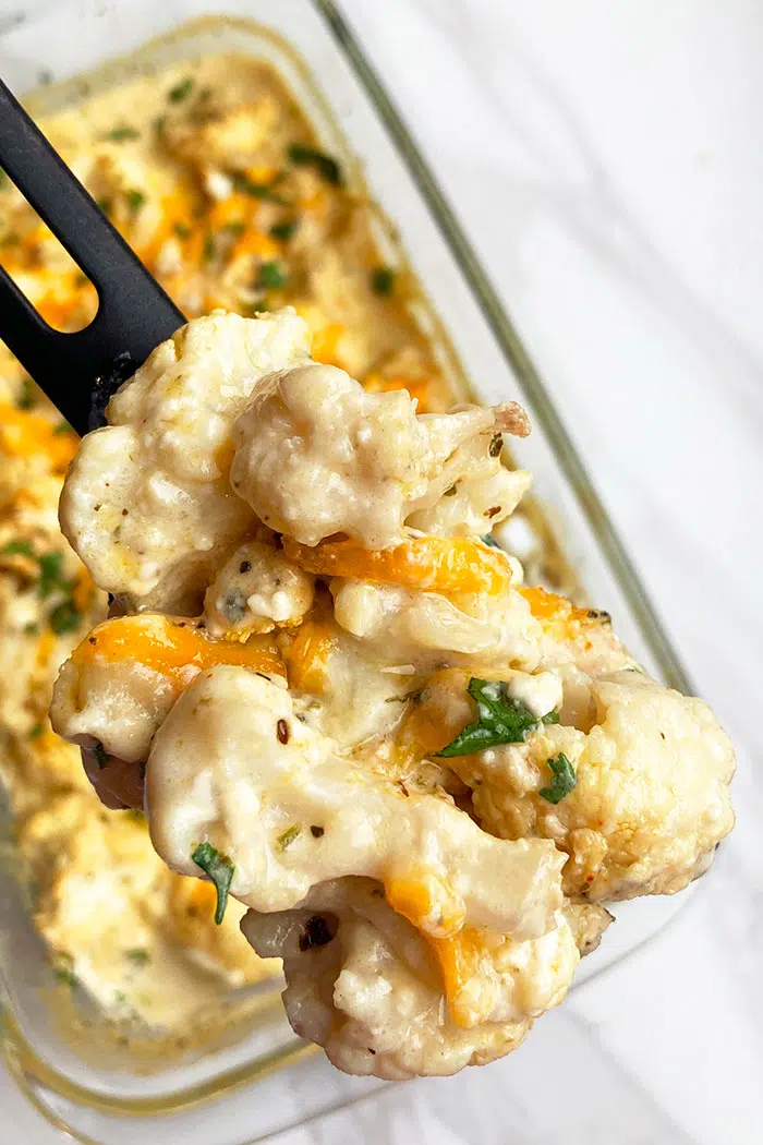 Closeup Shot of Spoonful of Loaded Cheesy Cauliflower Casserole 