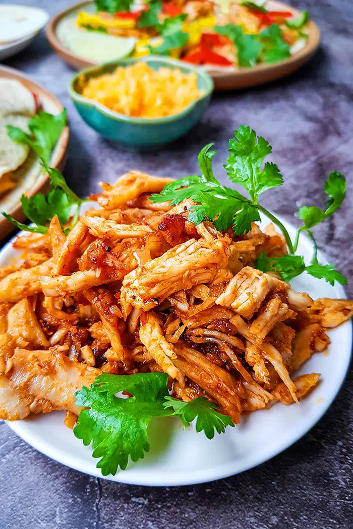 Easy Shredded Mexican Taco Turkey in White Plate With Cilantro Garnish