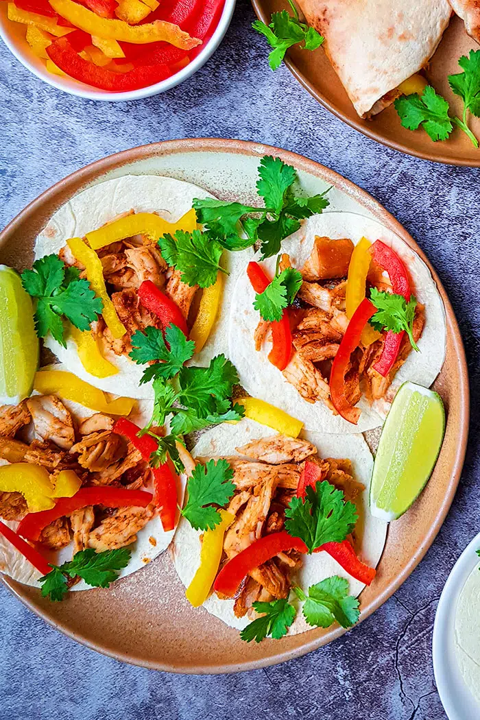 Easy Homemade Shredded Turkey Quesadillas or Tacos in Rustic Plate- Overhead Shot