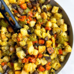 Easy Instant Pot Vegetarian Stuffing Served in Gray Bowl on White Background
