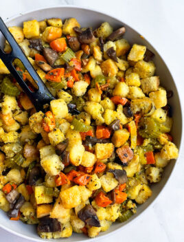 Easy Instant Pot Vegetarian Stuffing Served in Gray Bowl on White Background