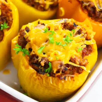 Easy Italian Stuffed Bell Peppers in White Dish- Closeup Shot