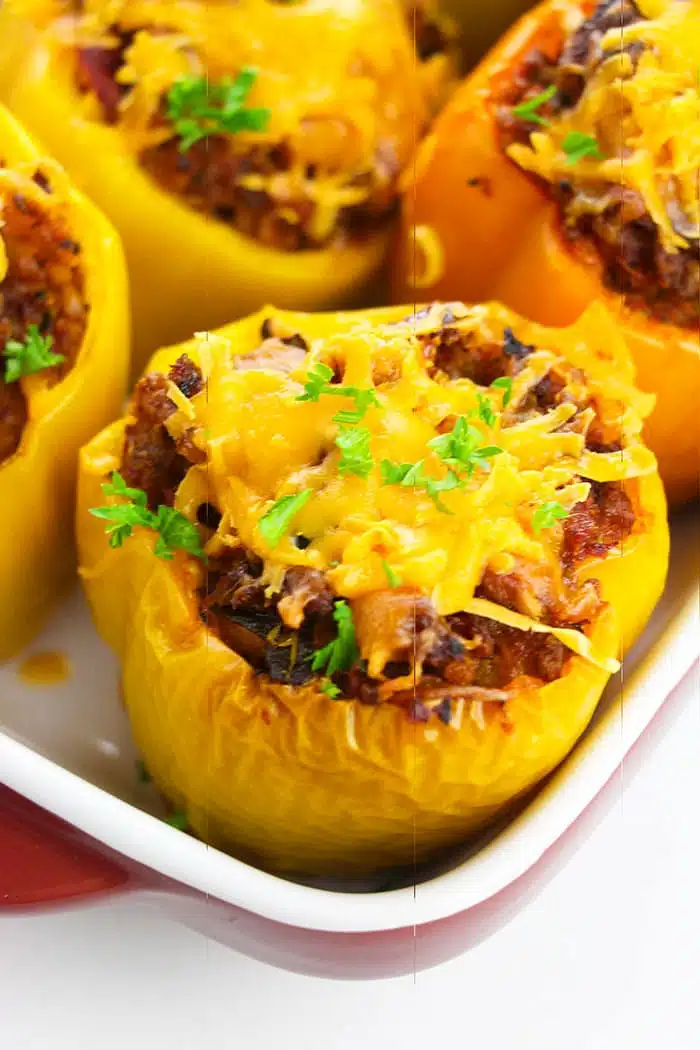 Easy Italian Stuffed Bell Peppers in White Dish- Closeup Shot