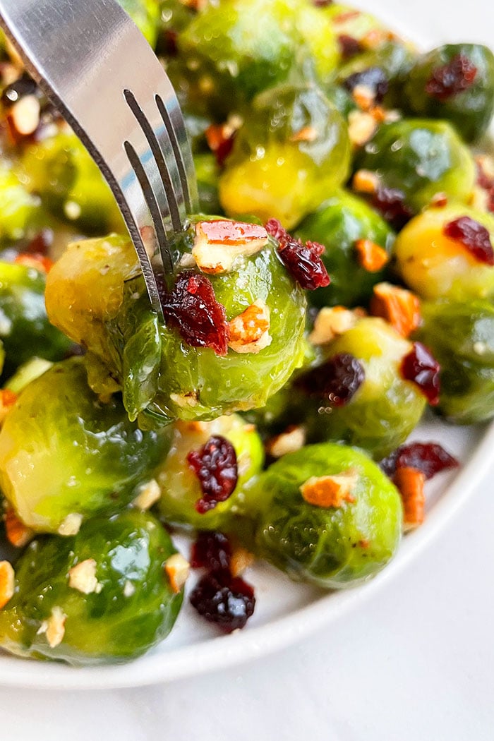 Fork Full of Crispy Brussels Sprouts- Closeup Shot