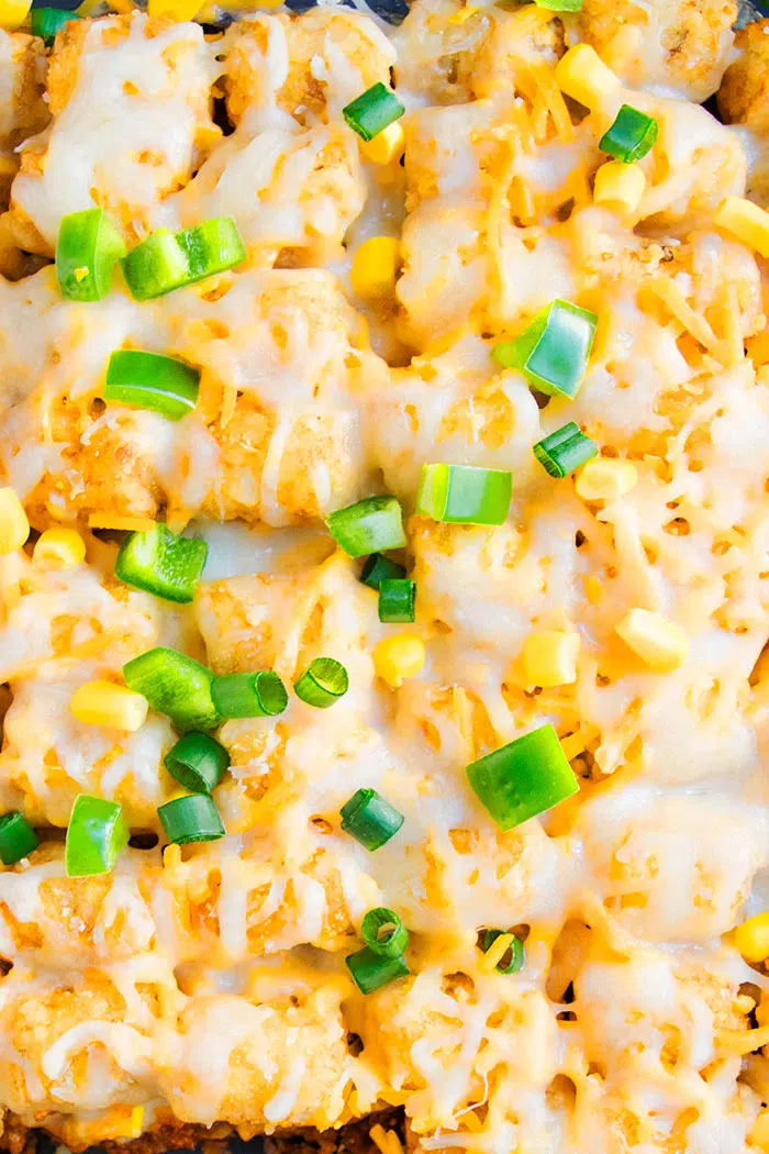 Cheesy Tater Tot HotDish- Closeup Shot