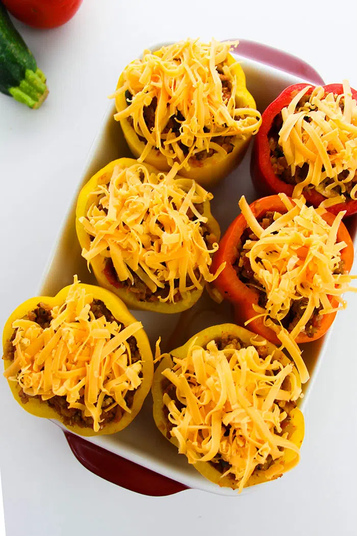 Cheese and Beef Peppers in Casserole Dish- Overhead Shot