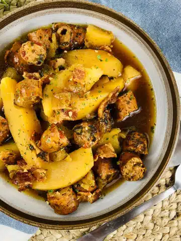 Instant Pot Dublin Coddle Served in White Bowl- Overhead Shot