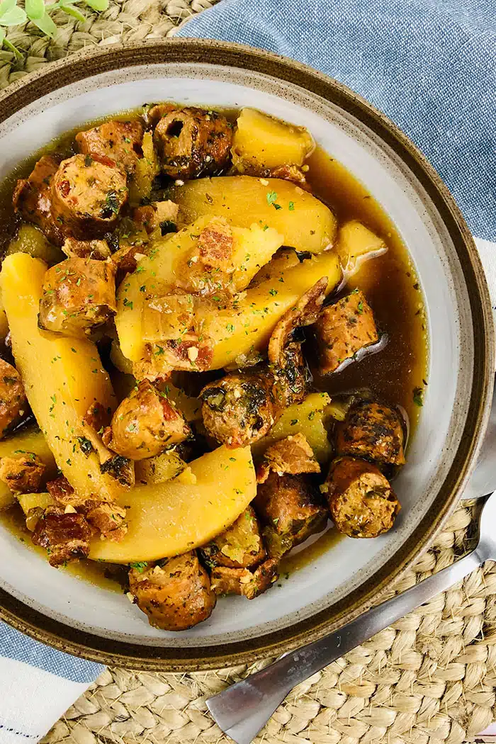 Instant Pot Dublin Coddle served in a White Bowl With Brown Edges- Overhead Shot