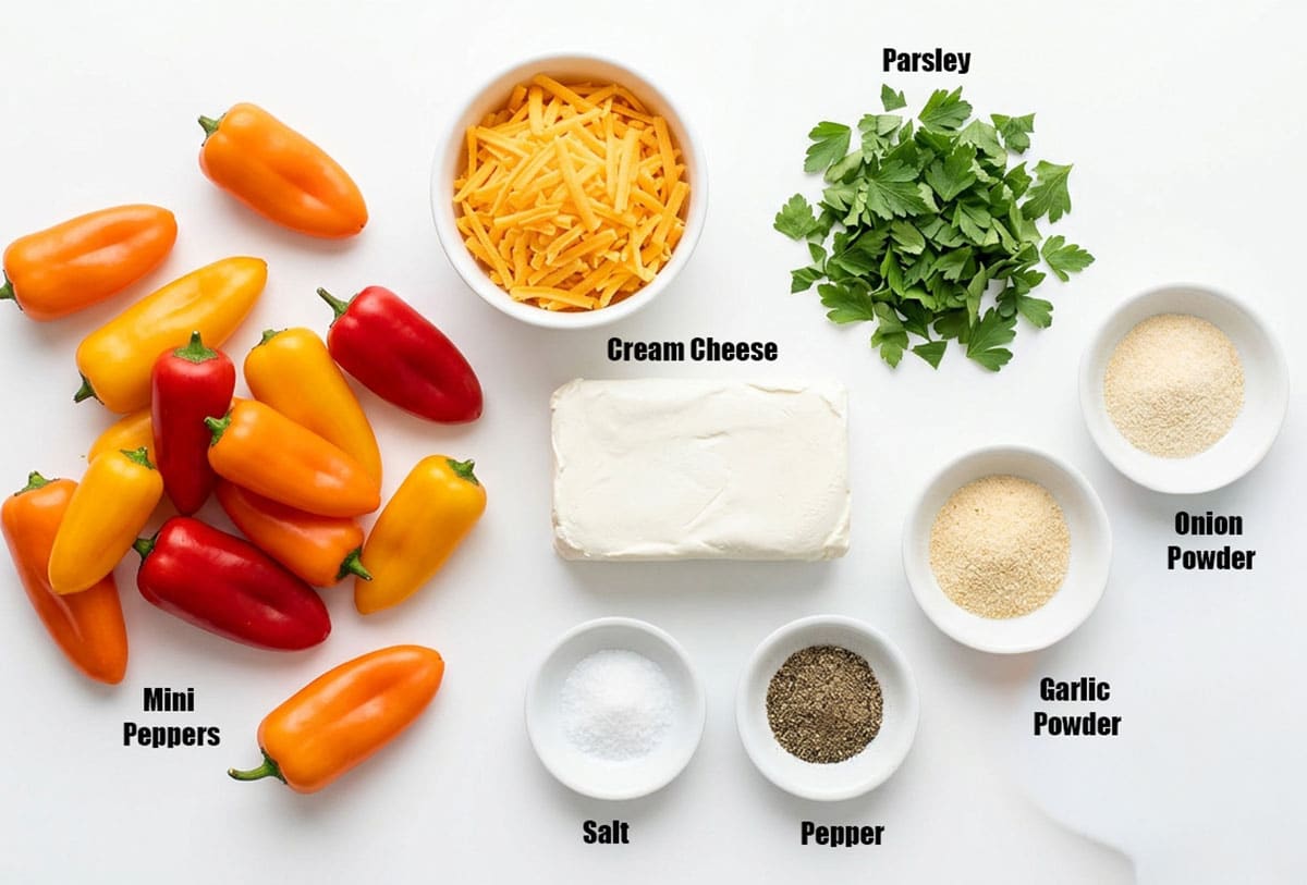 Ingredients for recipe on white background- Mini peppers, cheeses, herbs and spices.
