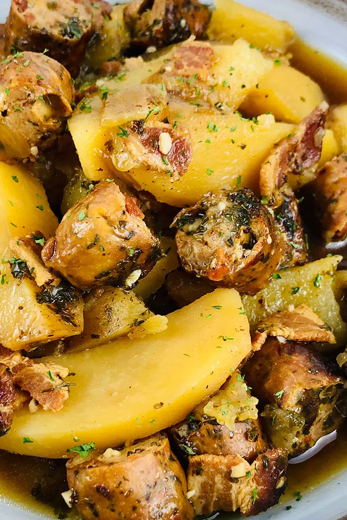 Closeup Shot of Irish Coddle With Sausages, Potatoes, Bacon