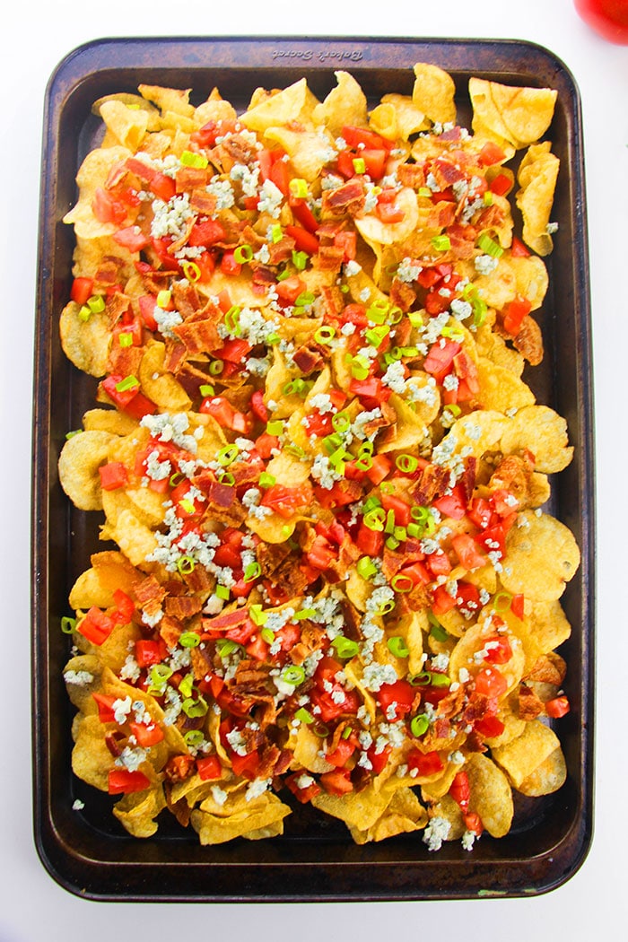 Easy Loaded Sheet Pan Irish Nachos on White Background - Overhead Shot