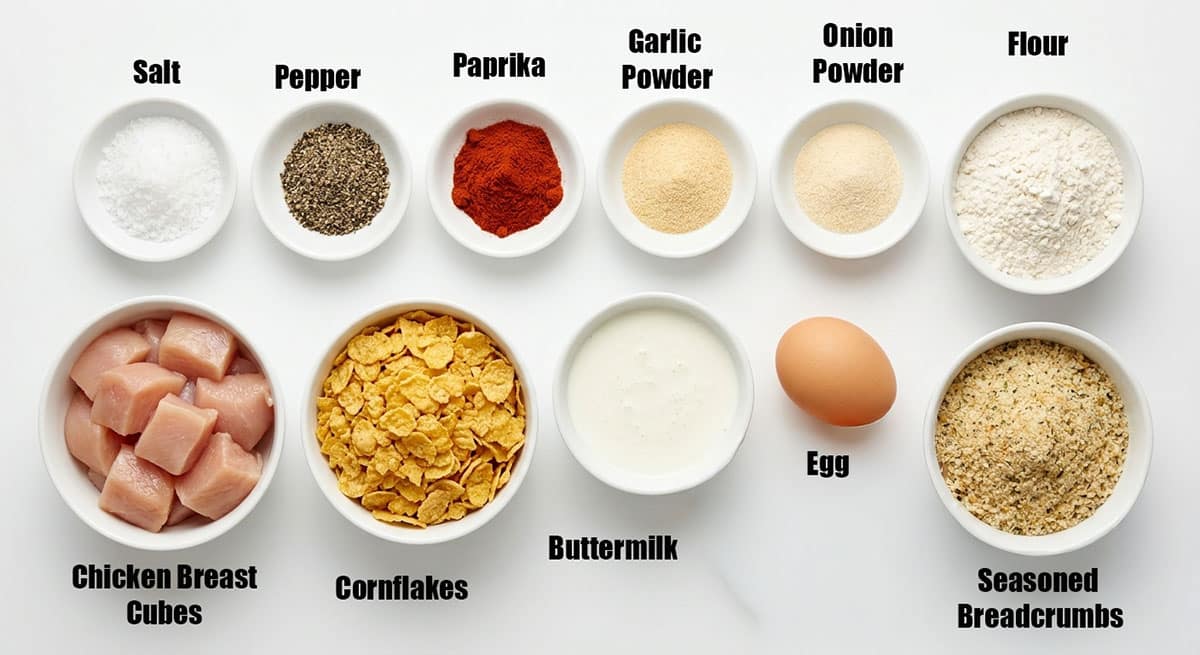 Ingredients for recipe on white background- spices, egg, buttermilk, flour, breadcrumbs, cornflakes, chicken breast cubes.