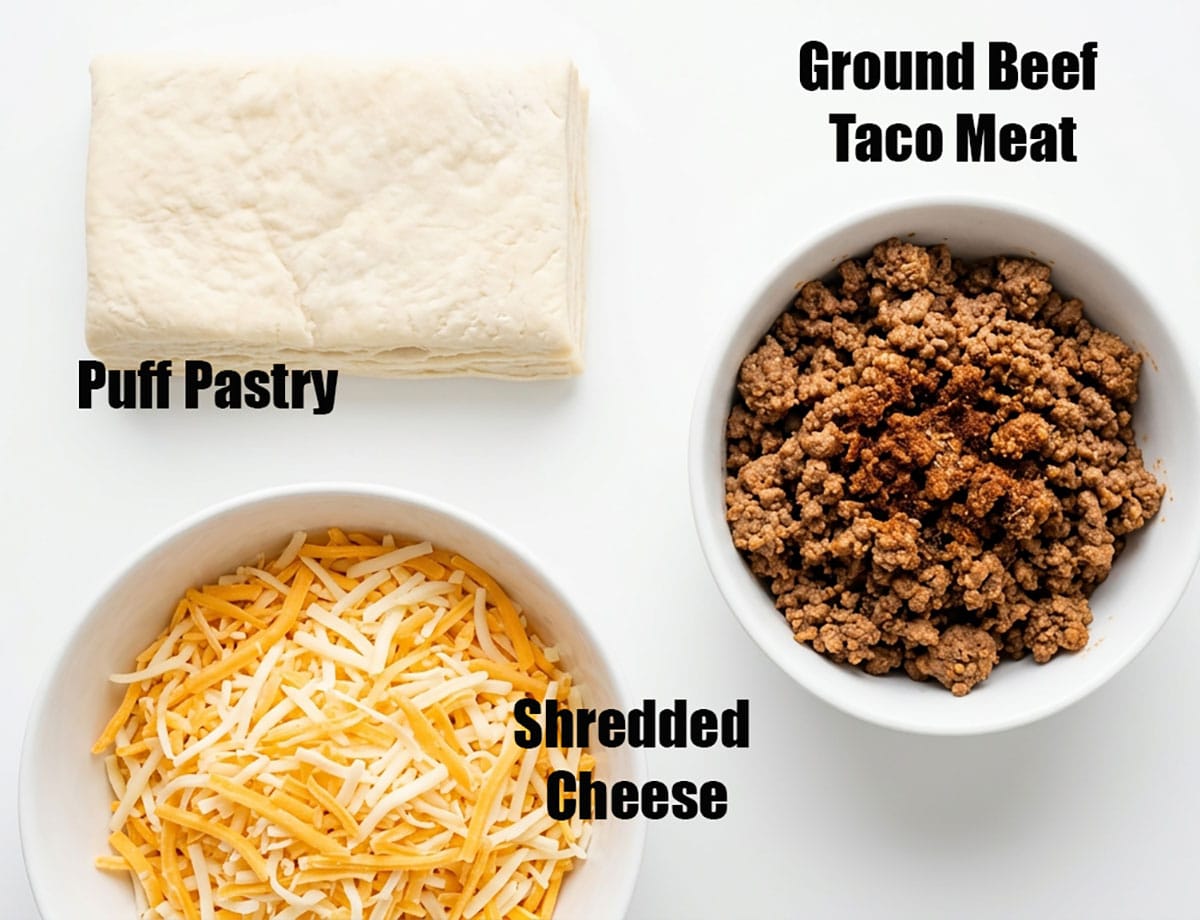 Ingredients for recipe on white background- Pastry dough, cooked meat, shredded cheese. 