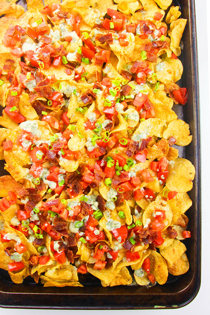 Oven Baked Nachos With Bacon and Cheese- Overhead Shot