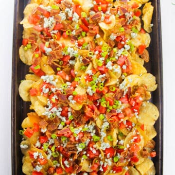 Toppings added to chips and baked in oven. 