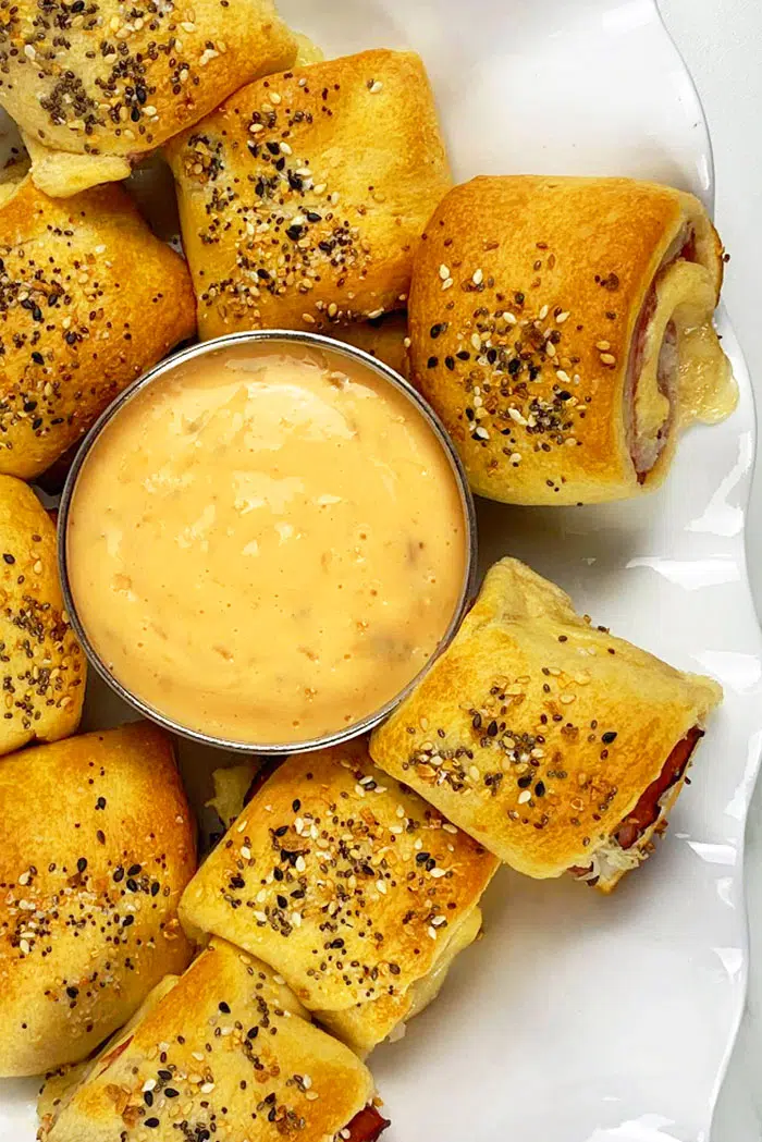 Closeup Shot of Bowl of Thousand Island Dressing for Dipping Appetizer Rolls