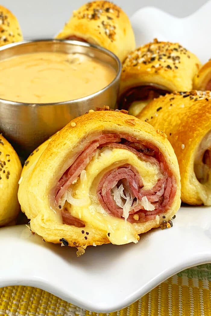 Closeup Shot of Corned Beef Rolls on White Plate.