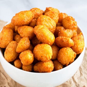 Easy Crispy Breaded Deep Fried Cheese Curds in White Bowl