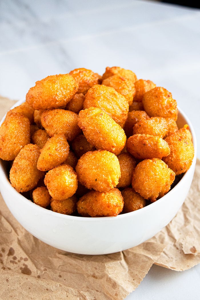 Easy Deep Fried Cheese Curds in White Bowl 