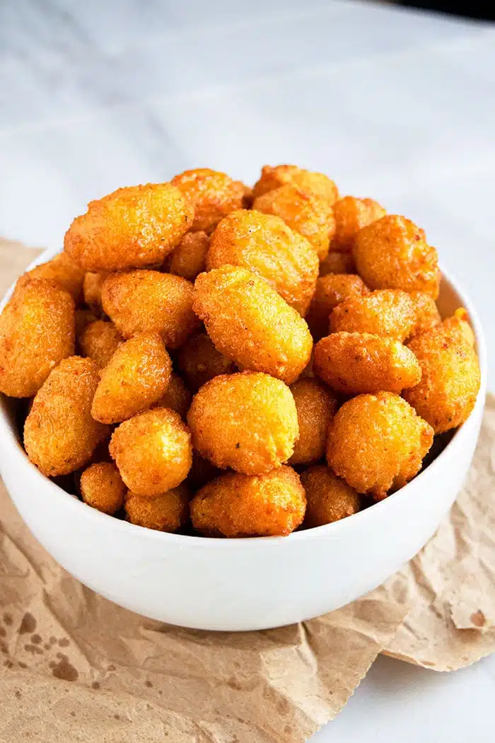 Easy Deep Fried Cheese Curds in White Bowl 